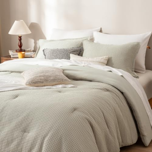 PHF Ultra Soft Waffle Weave Comforter Set King Size, 3 Pieces Lightweight Breathable Comfy Bedding Set, Comfy Textured 1 Comforter with 2 Pillow Shams, Linen