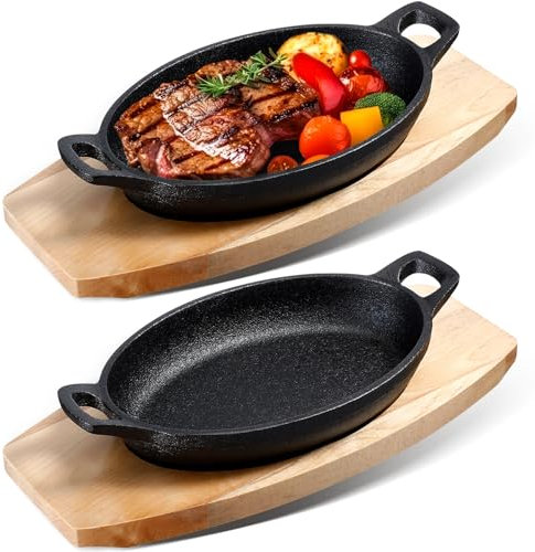 Mifoci 2 Pcs Cast Iron Skillet with Wood Base, 8.5 x 6.1 x 1.7 Inches