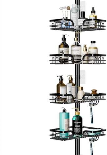 HapiRm Telescopic Shower Caddy Corner - Height Adjustable Bathroom Shelf from 26.4 to 108.3 inch, Rustproof Shower Caddy with 4 Tier & 22 Hooks, No Drilling Shower Shelf, Bathroom Shelves