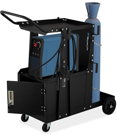 Relaxdays Carro de Soldadura, Soporte Bombona Puerta y 3 Estantes, Accesorio Soldador, hasta 110 kg, 89x47x97 cm, Negro
