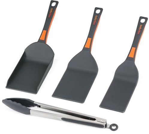 Onlyfire 4 Grillbesteck Set, Plancha Spachtel Set Enthält 2 Grillspachtel, Grillschaufel und Grillzange, Hitzebeständiger Kunststoff, Grill Zubehör Set, Smash Burger Set für Kochen, Backen, Wenden