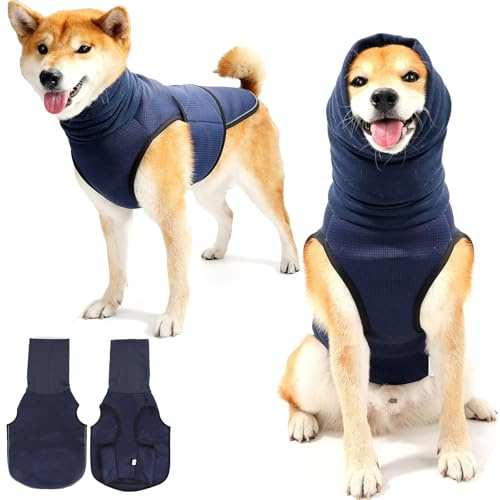 Chaleco calmante para perros con capucha y tiras reflectantes – chaqueta para perros transpirable para reducir el estrés durante fuegos artificiales, tormentas y viajes (azul oscuro, talla L)