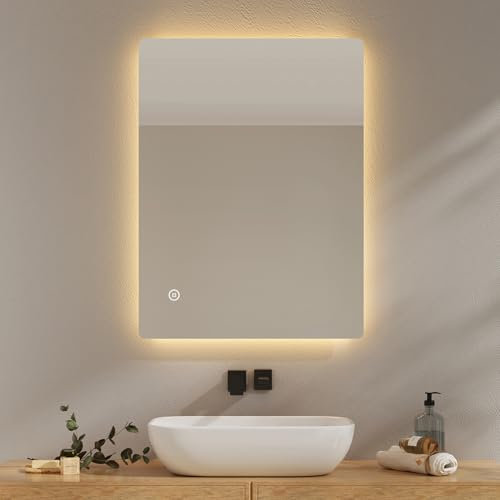 EMKE Badspiegel mit Beleuchtung 60x80cm, Badezimmerspiegel mit Beschlagfrei, 3 Lichtfarben dimmbar, Touch, Speicherfunktion und automatischer Abschaltung nach 3 Stunden, ideal für Badezimmer