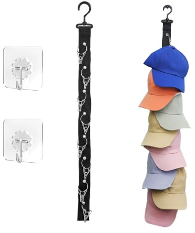 2 Pack Hat Storage,Suspension Hat Rack,Baseball Cap Storage,Hat Organiser with 16 Stainless Steel Clips,Cap Storage with 2 Self Adhesive Hooks,for Ball Hats,Golf Caps,Sports Caps,Scarves,Gloves.