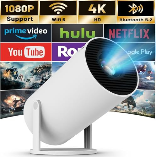 【Built-in Apps】2025 Mini Projector 4K 1080P HD Decoding chip Smart Projector with WiFi 6 5G Bluetooth 5.2, 180° Rotatable 130'' Screen Movie Projector Auto Keystone Correction for Smartphone/Laptop/PC