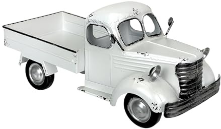 Weathered White Metal Truck Planter – 14 Inch Vintage Pickup Decorative Pot, Farmhouse Indoor Outdoor Garden Accent, Shallow Bed for Faux or Small Plants, Rustic No-Drainhole Antique-Style Centerpiece