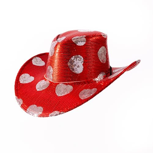 Cool Things Corp Sequin Cowboy Hat Costume Accessory – Sparkly Western Dress-Up Party Hat with Adjustable Strap, Valentine Red Heart