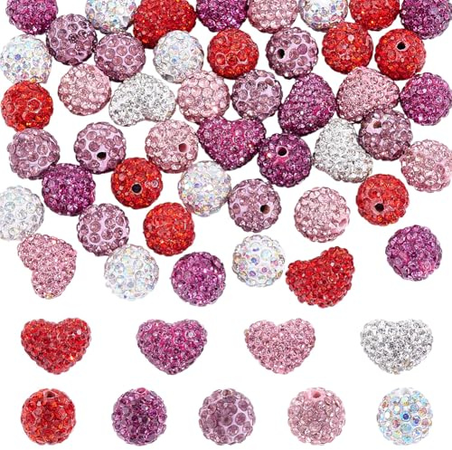 PONABEADIY 1 låda med 68 st alla hjärtans dag runda hjärtformade pärlor med hål, romantisk stil, strass, lera, röd, rosa och vit, skimrande, skivkula