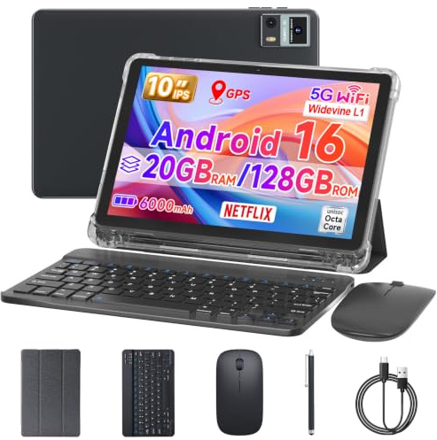 ICONLINK 10 Inch Tablet Android 16 Tablets with Case 4+16GB RAM+128GB ROM, 6000mah Battery 10 in Android Tableta, 2MP+8MP Dual Camera 10.1'' IPS HD Touch Screen Tab (Black+Keyboard)