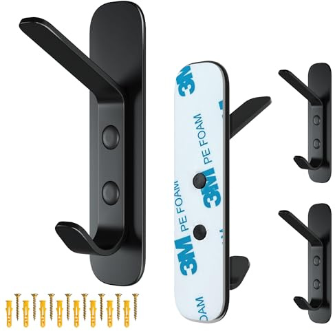 Menz Coat Hooks Wall Mounted, 4 Pack with Double Design, Heavy Duty Adhesive Wall Hook 6KG Capacity, Dual Adhesive & Nail Fixing, Metal Door Hooks for Hanging, Black