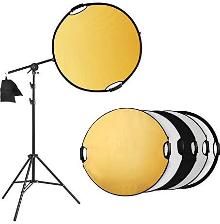 Selens 5-in-1 80cm Reflektor Fotografie Rund Faltreflektor + 200cm Lichtständer + Sandsack + ausziehbarem Halter, Tragebar Diffusor Gold/Silber/Weiß/Schwarz und Transparent Reflektor mit Griff