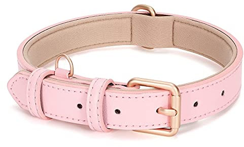 JASGOOD Leather Dog Collar for Small Medium Large Dog Adjustable Soft Leather Padded Puppy Collar with Alloy Buckle Heavy Duty Waterproof Dog Pet Collar, Pink, L