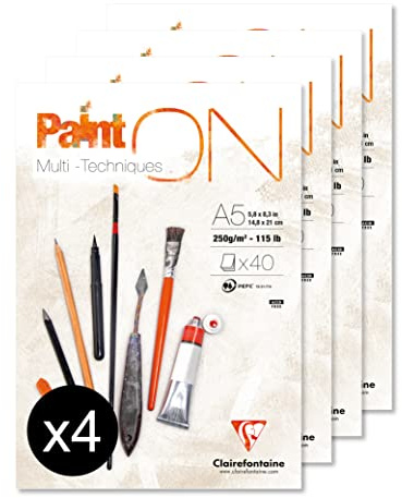 Clairefontaine 96538C - Un bloc encollé de papier dessin Paint'On 40 feuilles 14,8x21 cm 250g, Blanc- Paquet de 4 blocs