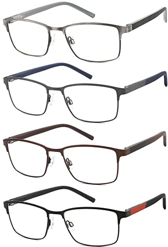 mrbobmslee 4 Pack Reading Glasses for Men, Blue Light Blocking Computer Readers, Anti UV Ray/Eye Strain/Glare, Metal Frame Eyeglasses with Pouches(175 Magnification Strength)