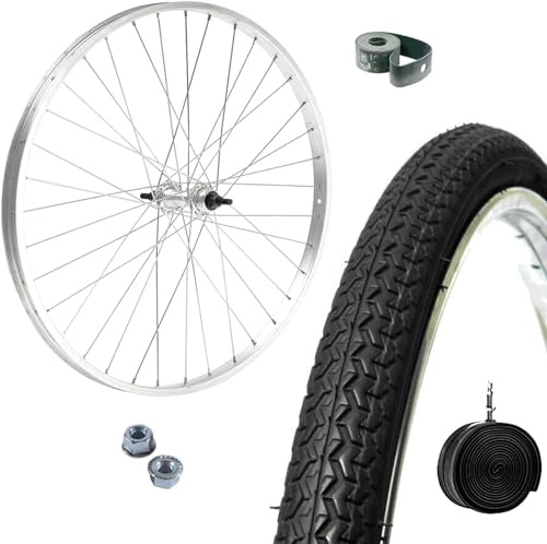 Cerchio Ruota Anteriore Completa 26” x 1 3/8 con Copertone e Camera d’Aria – City Bike Olanda in Alluminio/Acciaio – Bicicletta Passeggio – Dadi di Fissaggio e Flap Inclusi