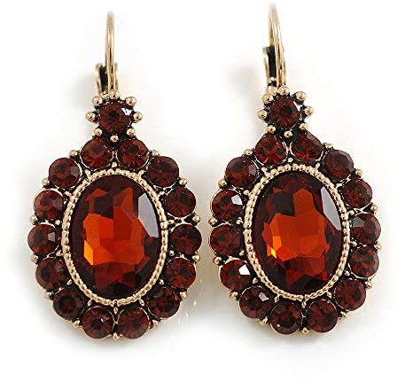 Pendientes ovalados de cristal de color ámbar/topacio con cierre de palanca en tono dorado, 40 mm de largo, talla única, Vidrio, Glass Diamante.