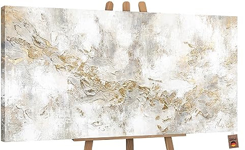 YS-Art Cuadro Pintura Abstracta Hecho a Mano en Beige con líneas Doradas Geschichte Decoración de Pared Salon Modern Arte murale 100x50 cm