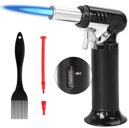 Kochbrenner - Küchenfackel für Creme Brulee, avec pinceau à huile, desserts et allume-feu pour saisir, brûleur flambant avec verrouillage et flamme réglable (gaz butane non inclus) (Noir)