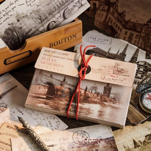 Retro Style Postcards,Vintage Landscape Old Travel Special-shaped Postcards,IRAVEL MEMORIES,Set of 30 Different Designs,Perfect for Wedding Party Guest Book (Brown)