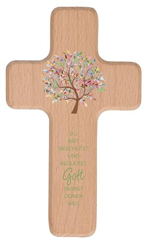 Butzon & Bercker Kinderkreuz Lebensbaum `Beschützt & Begleitet' Buche 14x8,2cm – christliches Geschenk zur Geburt oder Taufe in Geschenkverpackung – Wandkreuz für Mädchen & Jungen