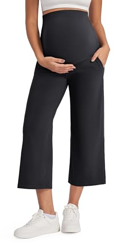 G4Free Wide Leg Maternity Trousers Over The Belly Capris Yoga Pants for Women UK Stretch Lounge Pregnancy Cropped Work with Pockets(Black,XL,21)