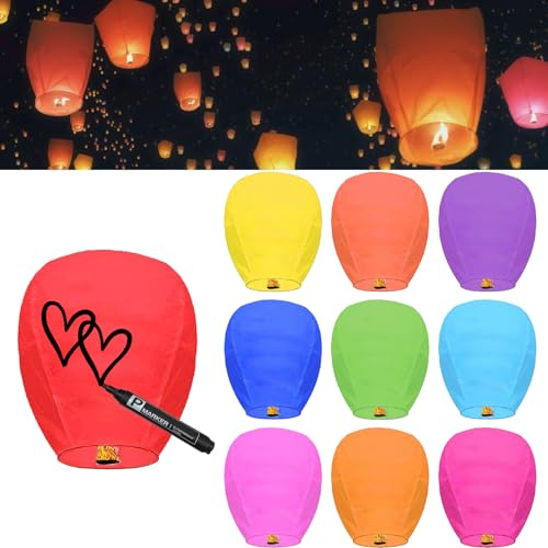 Paquete de 10 faroles chinos de cielo para liberar en el cielo, multicolor, faroles de papel resistentes al fuego para conmemoración, linternas voladoras biodegradables de alta calidad ecológicas para
