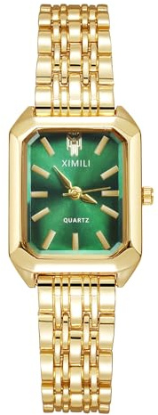 OFFCUP Reloj Analógico para Mujer de Cuarzo con Correa en Acero Inoxidable, 32mm Clásico Reloj Cuadrado para Mujer, Reloj de Pulsera de Moda para Damas y Niñas, 3 Manecillas (Esfera Verde)
