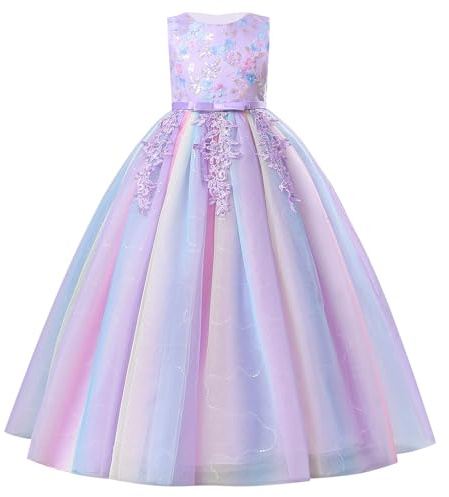 FYMNSI Flower Girl Dress Kids Sleeveless Wedding Bridesmaid Pageant Evening Formal Birthday Party Puffy Rainbow Tulle Tutu Princess Long Maxi Dresses First Communion Ball Prom Gown Purple 11-12 Years