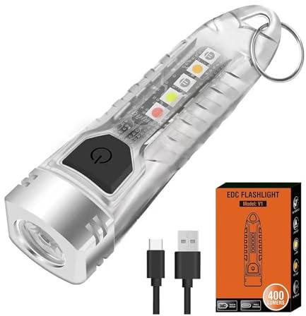 LIAISIMI Mini lampe de poche porte-clés - 400 lm - LED rechargeable - Lampe de poche avec lumière latérale - 12 modes avec lumière latérale UV rouge bleu jaune - IPX6 pour un usage quotidien