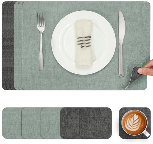 Myir JUN Placemats and Coasters Set of 6, Place Mats Dual Sided Faux Leather Table Mats PU Indoor Outdoor Heat Resistant Placemat Square Non Slip Wipeable Washable Dining Restaurant (Gray Sage Green)
