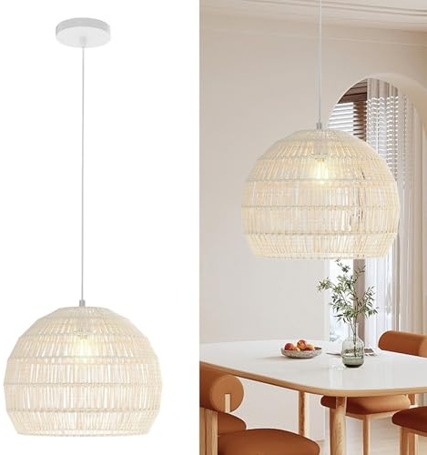 COSTWAY Lampada a Sospensione, Lampadario Moderno con Struttura in Metallo e Cupola in Carta, Luce con Altezza Regolabile per Cucina, Camera da Letto e Soggiorno, 43 x 43 x 34 cm (Beige)