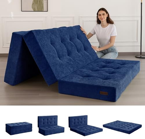 MAXYOYO Materasso Pieghevole 15 cm Doppia, Comodo con Tessuto Chenille, Divano Letto Futon a Tre Posti per Ospiti, Topper da Terra per Campeggio