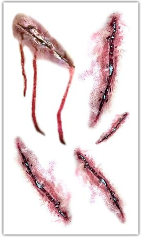 Peglinas de cicatrices de terror: tatuajes de heridas temporales, pegatina de Halloween de miedo | Maquillaje de cara de sangre falsa, calcomanías especiales de FX de zombie: calcomanías de cuerpo rea