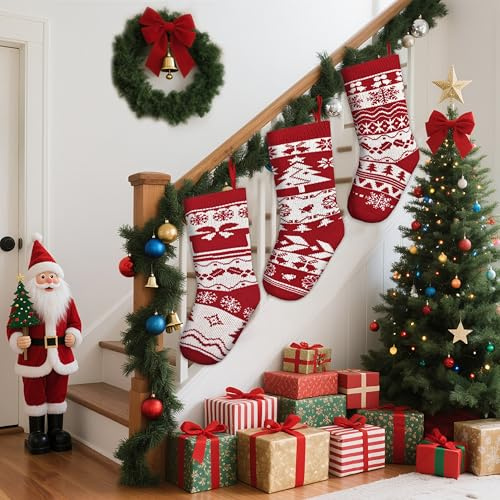 Shyllin 3 Pezzi Personalizzate Calze Natale, Maglia Calze Natalizie, Sacchetti Regalo Calzini Natalizia, Riempire Calzini Natale, Decorazioni Calza Natalizie, Appendere Calza Natalizia (Rosso)