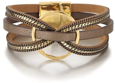 Edoneery Mothers Day Gifts for Mom Leather Wrap Bracelet for Women, Boho Handmade Multi-Layer Cuff with Crystal Beads Heart, Stackable Bangle Western Jewelry Gift(Circle(Brown))