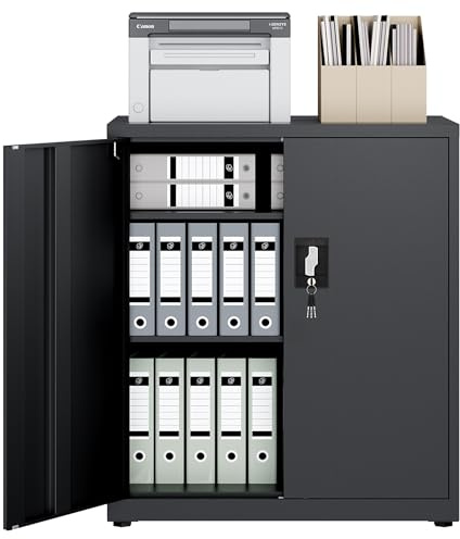LAND·VOI Armadio in Acciaio 3 Ripiani con Serratura Ripiani Regolabili Ante a Doppia Porta Armadio per Ufficio Mobile in Metallo per Ufficio Garage Cucina Officina 80×40×91.5 cm Nero
