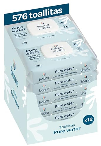 Biolane - Toallitas Pure Water Bebé, 576 Toallitas (12 Paquetes de 48 Unidades), 99 % Agua Purificada, Solo 4 Ingredientes, Sin Perfume, Piel Sensible, Bebés y recién nacidos, Fibras 100 % Vegetales
