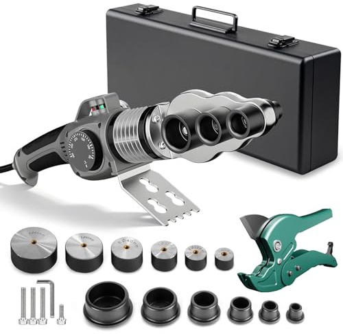 Soldadora de Plástico Tubo 1500W, Máquina de Soldadura para Tuberías PPR de Ø 20/25/32/40/50/63 mm Temperatura Ajustable de 0-300°C con Cortador de Tubos de 42mm y 6 Accesorios para Tuberías (Girar)