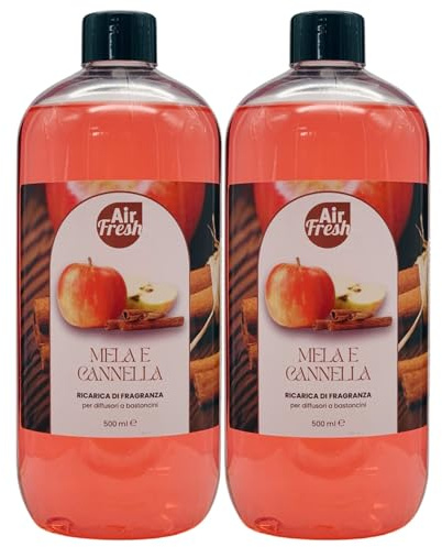 2x Ricarica Per Diffusore a Bastoncini, Disponibile In Diverse Fragranze Corpose Ed Avvolgenti. Ideale Per Profumare Tutti Gli Ambienti 500ml (MELA E CANNELLA)