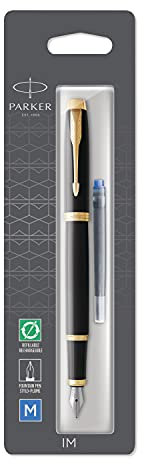 Parker IM Fountain Pen | Black Lacquer with Gold Trim | Medium Nib with Blue Ink Refill