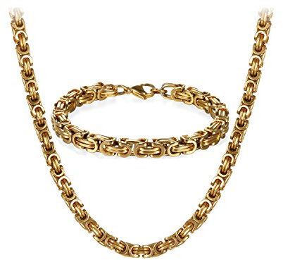 JewelryWe Halskette Armband 2er Set Herren: Gold Edelstahl 8mm Breite Königskette Byzantinische Ketten Set von Halsketten und Armketten für Männer Dick Schwer Kette Hip Hop Punk Schmuck 26 Zoll