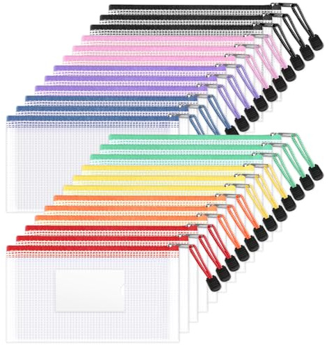 Sooez 24 Pack Mesh Zipper Pouch Bags with Label Pocket, A6 (9.1×4.7 in) Small Pencil Case Pouch for Organizing, Clear Plastic Pencil Pouches Bulk for School Supplies Storage, Money Envelopes for Cash