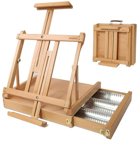 Meeden Studio Sketchbox Chevalet de table avec tiroir doublé en métal – Réglable en bois de hêtre massif et chevalet de boîte à croquis avec rangement, parfait pour studio ou Plein Air
