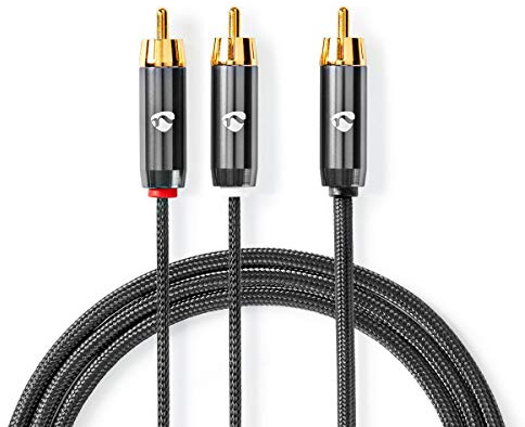 Nedis subwoofer-kabel, RCA hane-2x RCA man, flätad, 3,0 m, pistolmetallgrå