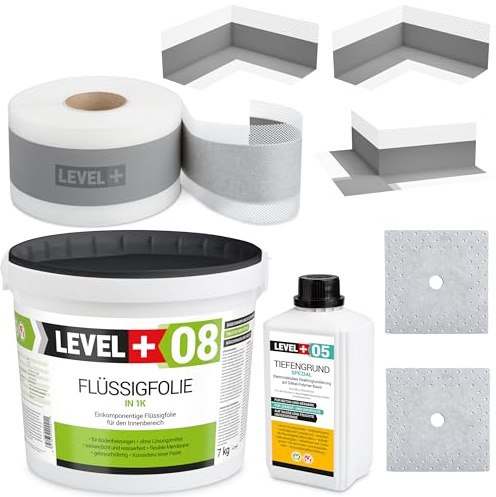Set de joints de salle de bain comprenant un film liquide de 7 kg, un fond de profondeur, un ruban d'étanchéité de 5 m, 2 coins intérieurs, 1 coins extérieurs, 2 manchettes murales SET100