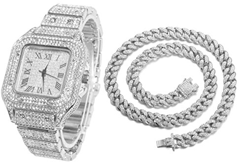 Halukakah Diamant Golduhr, Herren Platin Weiß Vergoldet 40MM Breite Quadrat Wählen Quarz Armband 24cm mit Kubanischer Link Kette 45cm Halskette Set, mit Geschenkbox