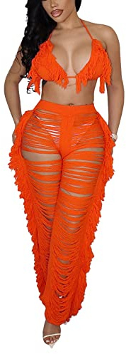 KANSOON Two Piece Sets for Women Sexy Crochet Outfits Halter Top Fringe Pants Summer Beach Vacation Festival Set Orange XL