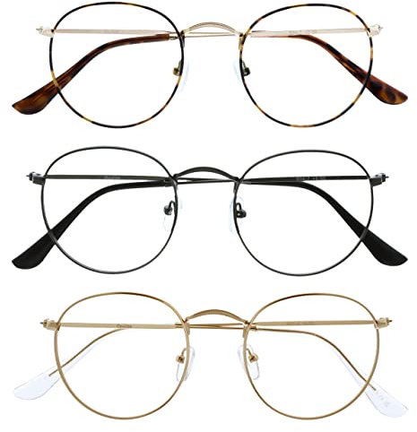 OPULIZE Sol - Lesebrille 3er Pack Blaulichtfilter Runder Metall Retro Rahmen Verbessern Den Schlaf Computer Gaming Entspiegel Braun Metallgrau Herren Gold Damen BBB94-279 +3.50