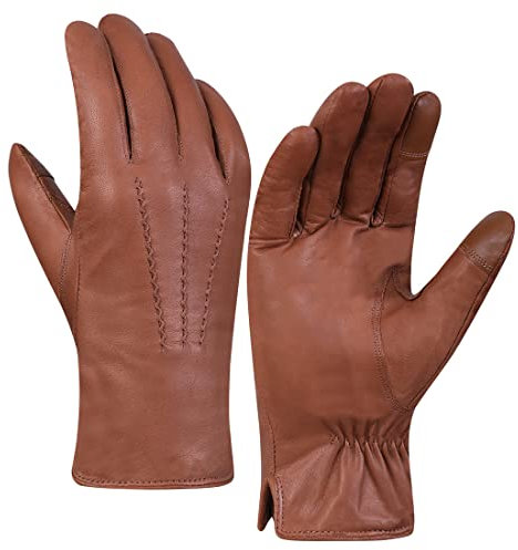 Harssidanzar Herren Lederhandschuhe Fleecefutter Touchscreen GM040EU,Hellbraun,L