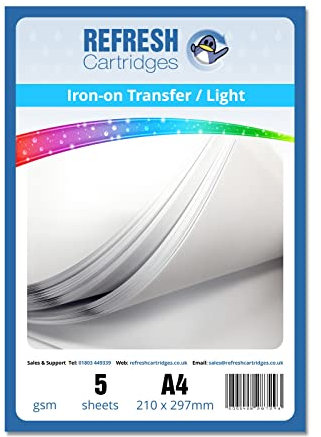 Refresh Cartridges Iron On A4 T-Shirt Transfer Paper for Light T-Shirts - 5 Sheets
